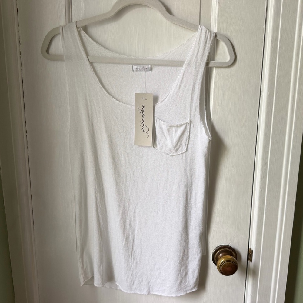 Grigiosabbia Brand From Italy  White Scoop Pocket Tank with Silver Thread Accent